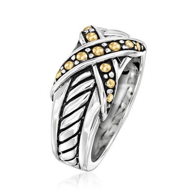 Sterling Silver and 18kt Yellow Gold Bali-Style Crisscross-Pattern Ring