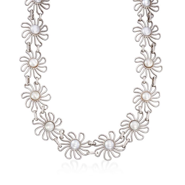 Italian 10mm Cultured Pearl Daisy Statement Necklace in Sterling Silver