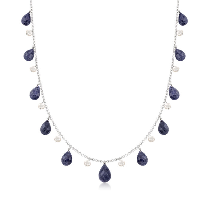 4-5mm Cultured Pearl and 40.00 ct. t.w. Sapphire Bead Necklace in Sterling Silver