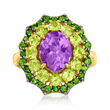 3.10 Carat Amethyst and 1.40 ct. t.w. Peridot Ring with .40 ct. t.w. Chrome Diopsides in 18kt Gold Over Sterling