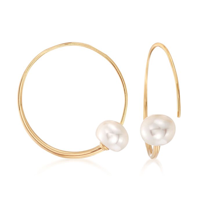 9-9.5mm Cultured Pearl Threader Hoop Earrings in 18kt Gold Over Sterling