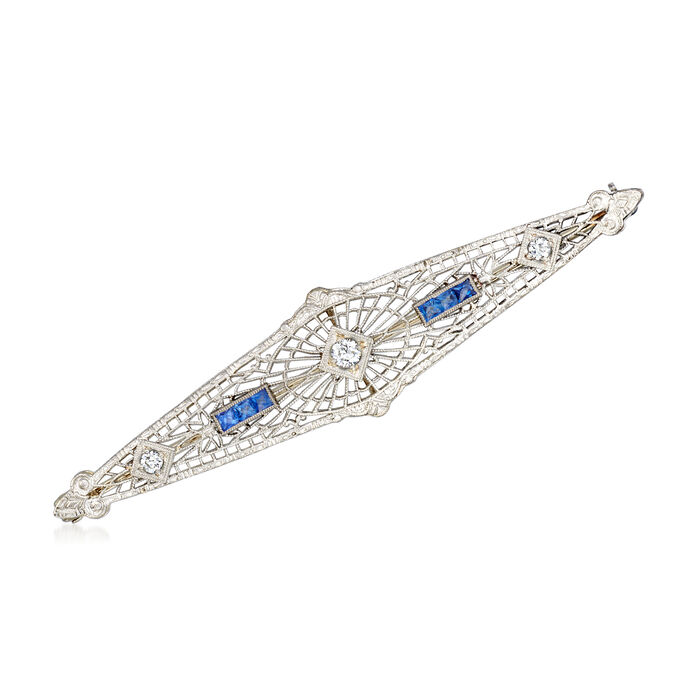 C. 1950 Vintage .36 ct. t.w. Sapphire and .16 ct. t.w. Diamond Filigree Pin in 14kt White Gold