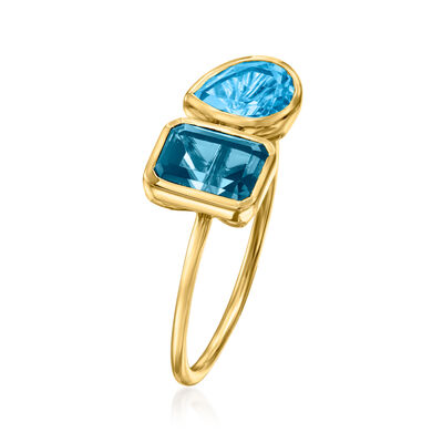 1.10 Carat London Blue Topaz and .80 Carat Swiss Blue Topaz Toi et Moi Ring in 14kt Yellow Gold
