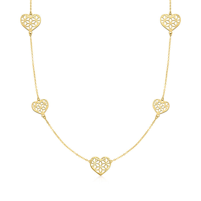 Italian 14kt Yellow Gold Floral-Pattern Heart Station Necklace
