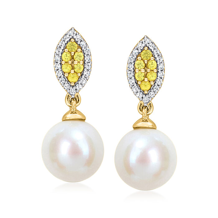 8-8.5mm Cultured Pearl and .14 ct. t.w. Diamond Drop Earrings with .10 ct. t.w. Yellow Sapphires in 14kt Yellow Gold