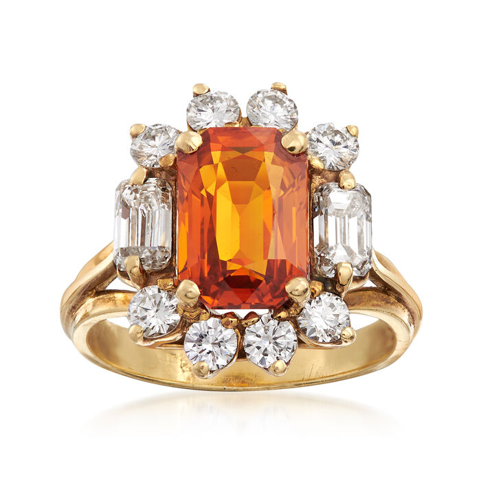 C. 1980 Vintage 3.30 Carat Orange Sapphire and 1.45 ct. t.w. Diamond Ring in 14kt Yellow Gold