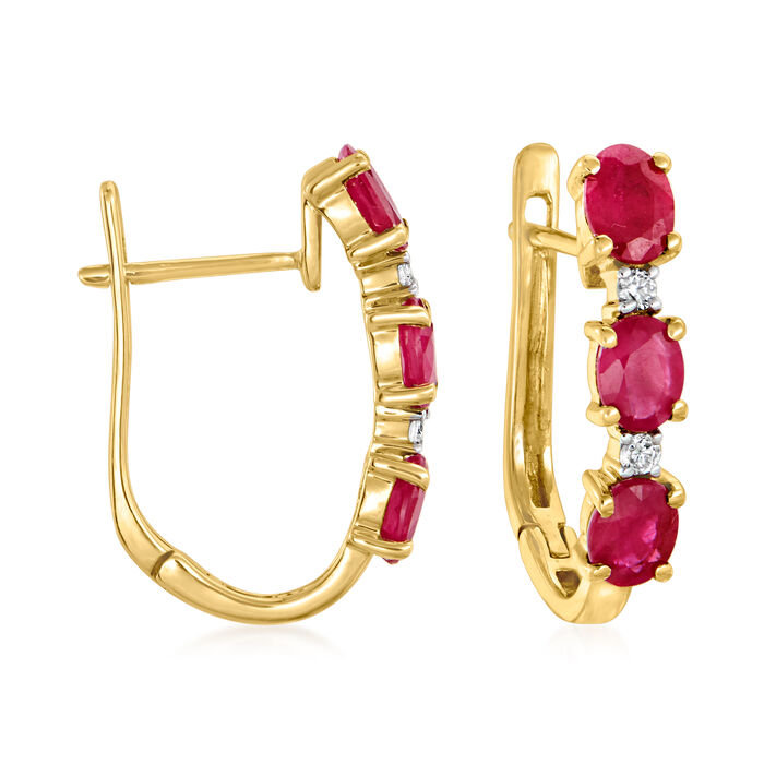 1.20 ct. t.w. Ruby Hoop Earrings with Diamond Accents in 14kt Yellow Gold