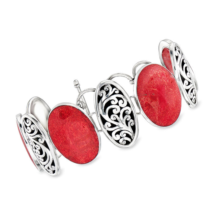 Red Coral Bali-Style Bracelet in Sterling Silver