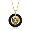 Black Agate Tiger Pendant Necklace with Black Enamel in 18kt Gold Over Sterling