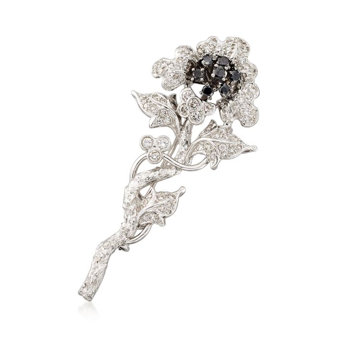 C. 2000 Vintage 1.80 ct. t.w. Black and White Diamond Floral Pin in 18kt White Gold