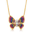 2.80 ct. t.w. Multicolored Sapphire and .11 ct. t.w. Diamond Butterfly Necklace in 14kt Yellow Gold