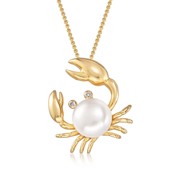 9mm Cultured Pearl Crab Pendant Necklace with Diamond Accents in 18kt Gold Over Sterling