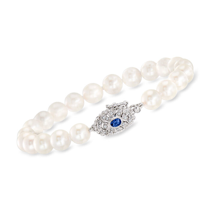 C. 2000 Vintage 7-7.25mm Cultured Pearl, .14 Carat Sapphire and .10 ct. t.w. Diamond Bracelet in 18kt White Gold