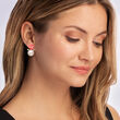 12-12.5mm Cultured Pearl, Pink Coral and .50 ct. t.w. Blue Topaz Rose Drop Earrings in 14kt Gold Over Sterling