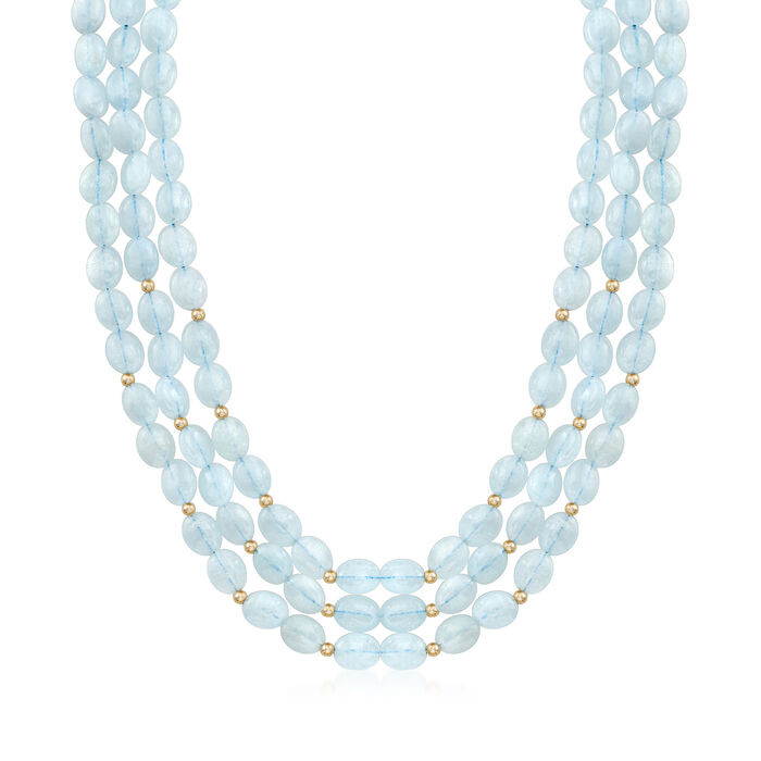 Aquamarine Triple-Row Graduated Necklace with 14kt Yellow Gold