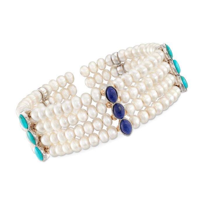 4.5-5mm Cultured Pearl with Turquoise and Lapis Cuff Bracelet in 14kt Yellow Gold and Sterling Silver