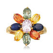 C. 1990 Vintage 5.70 ct. t.w. Multicolored Sapphire Flower Ring in 14kt Yellow Gold