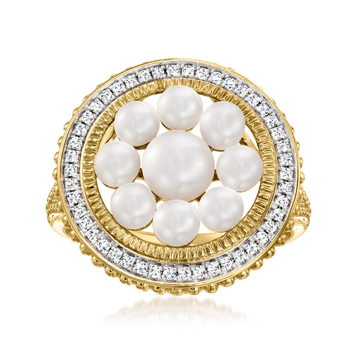 3.5-6mm Cultured Pearl and .20 ct. t.w. White Topaz Ring in 18kt Gold Over Sterling