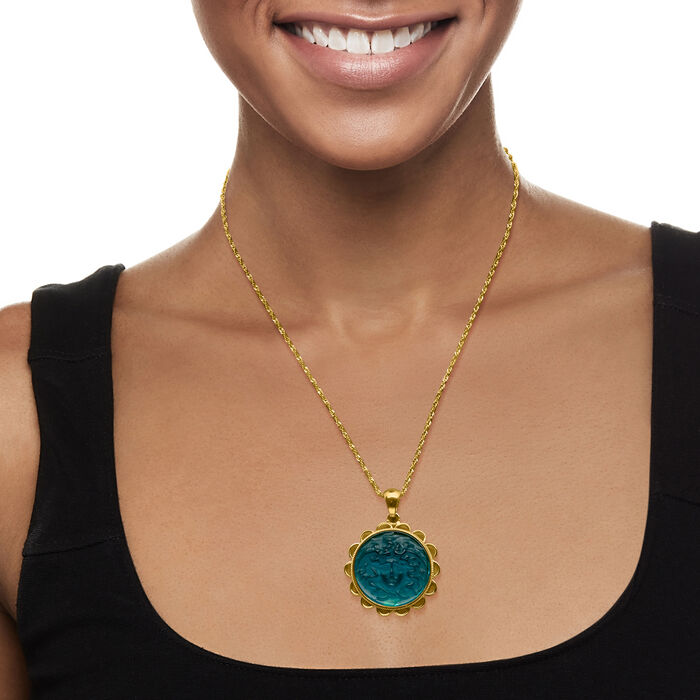 Italian Green Venetian Glass Medusa Pendant Necklace in 18kt Gold Over Sterling adjustable length