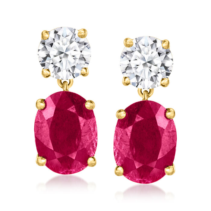 3.20 ct. t.w. Ruby and 1.00 ct. t.w. Lab-Grown Diamond Drop Earrings in 14kt Yellow Gold
