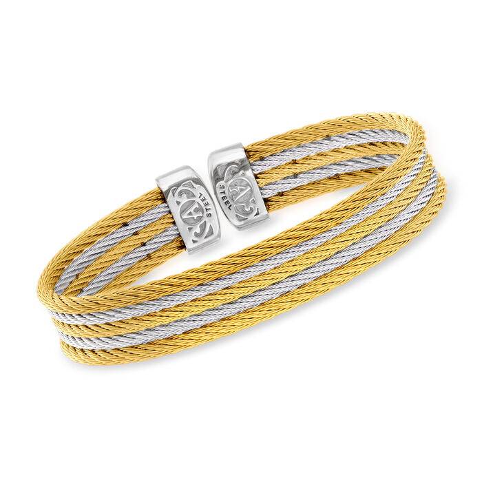ALOR &quot;Classique&quot; Yellow and Gray Stainless Steel Cable Multi-Strand Cuff Bracelet