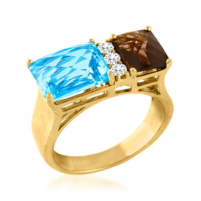 4.40 Carat Sky Blue Topaz and 1.40 Carat Smoky Quartz Ring with .16 ct. t.w. Diamonds in 14kt Yellow Gold