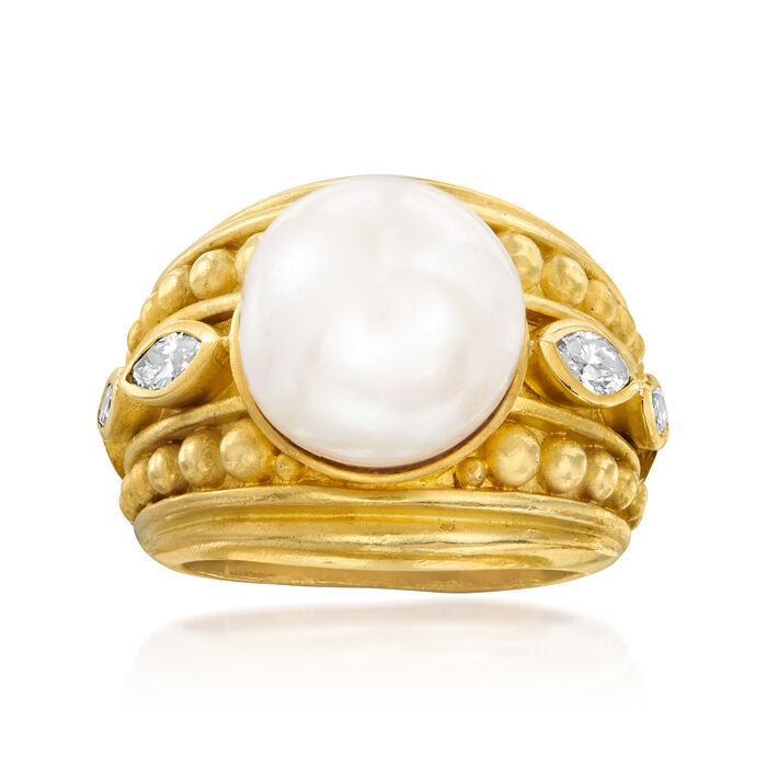 C. 1980 Vintage Judith Ripka 12mm Cultured Pearl and .50 ct. t.w. Diamond Ring in 18kt Yellow Gold