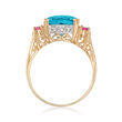 4.40 Carat Blue Topaz and .20 ct. t.w. Pink Tourmaline Ring with Diamond Accents in 14kt Yellow Gold