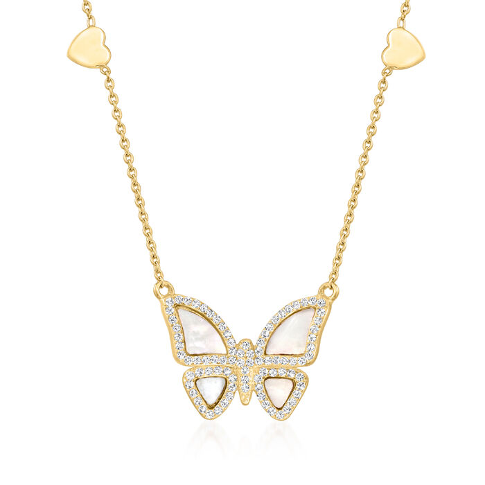 Mother-of-Pearl and .70 ct. t.w. White Topaz Butterfly Necklace in 18kt Gold Over Sterling