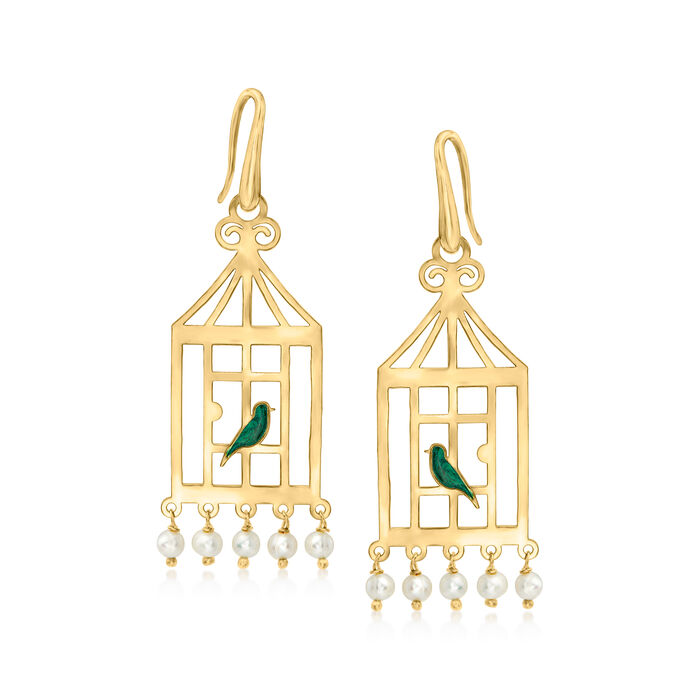 Italian 4-4.5mm Cultured Pearl and Green Enamel Bird Cage Drop Earrings in 18kt Gold Over Sterling
