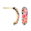 Multicolored Enamel and .10 ct. t.w. White Topaz Floral J-Hoop Earrings in 18kt Gold Over Sterling
