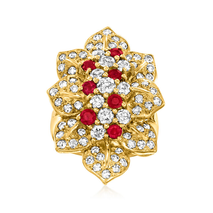 C. 1990 Vintage 2.00 ct. t.w. Diamond and .98 ct. t.w. Ruby Flower Cluster Ring in 18kt Yellow Gold