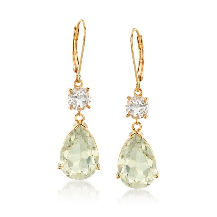 7.50 ct. t.w. Green Prasiolite and 1.80 ct. t.w. White Topaz Drop Earrings in 18kt Yellow Gold Over Sterling Silver