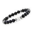 8-8.5mm Cultured Pearl and Black Onyx Bead Stretch Bracelet with Sterling Silver