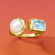 8-8.5mm Cultured Pearl and 1.40 Carat Sky Blue Topaz Toi et Moi Ring in 18kt Gold Over Sterling