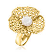 Italian 7mm Cultured Pearl Openwork Flower Ring in 18kt Gold Over Sterling
