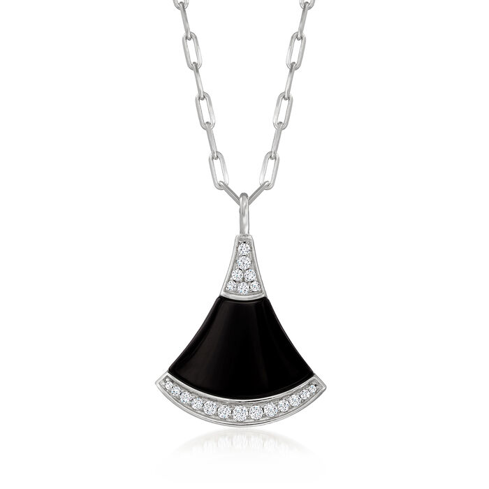 Charles Garnier &quot;Fanfare&quot; Black Agate and .30 ct. t.w. CZ Pendant Paper Clip Link Necklace in Sterling Silver