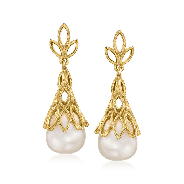 9-9.5mm Cultured Pearl Filigree Drop Earrings in 18kt Gold Over Sterling
