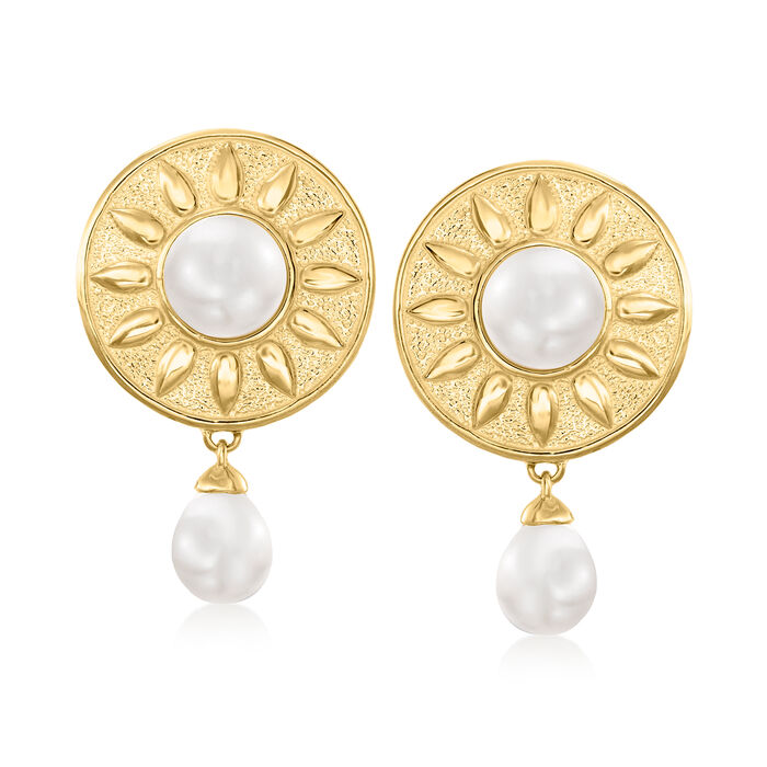 5.5-7.5mm Cultured Pearl Floral Drop Earrings in 18kt Gold Over Sterling