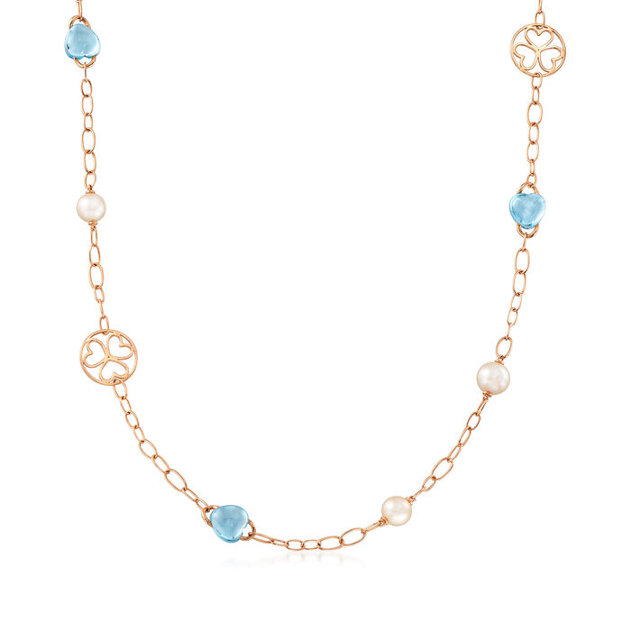 C. 1990 Vintage Mimi Milano 30.00 ct. t.w. Blue Topaz and 9x10mm Cultured Pearl Station Necklace in 18kt Rose Gold