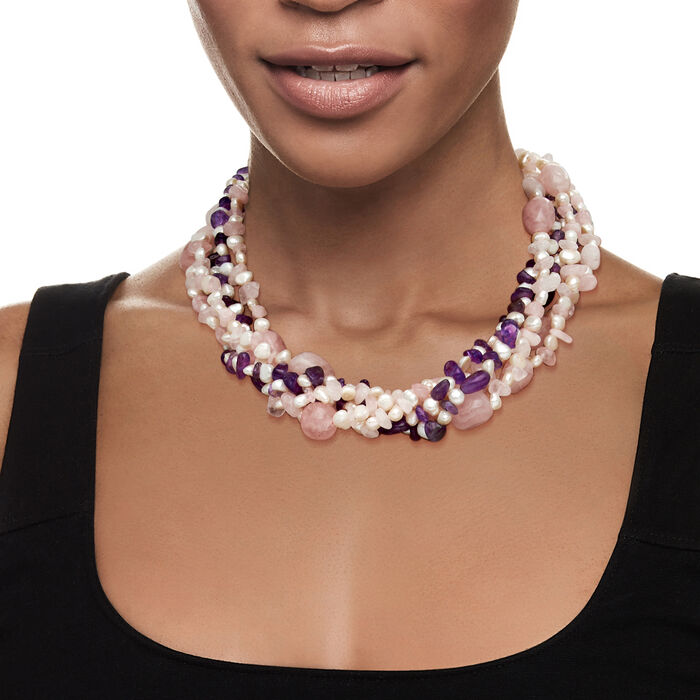 8mm Cultured Pearl and 330.00 ct. t.w. Rose Quartz Torsade Necklace with 145.00 ct. t.w. Amethysts in Sterling Silver 18-inch