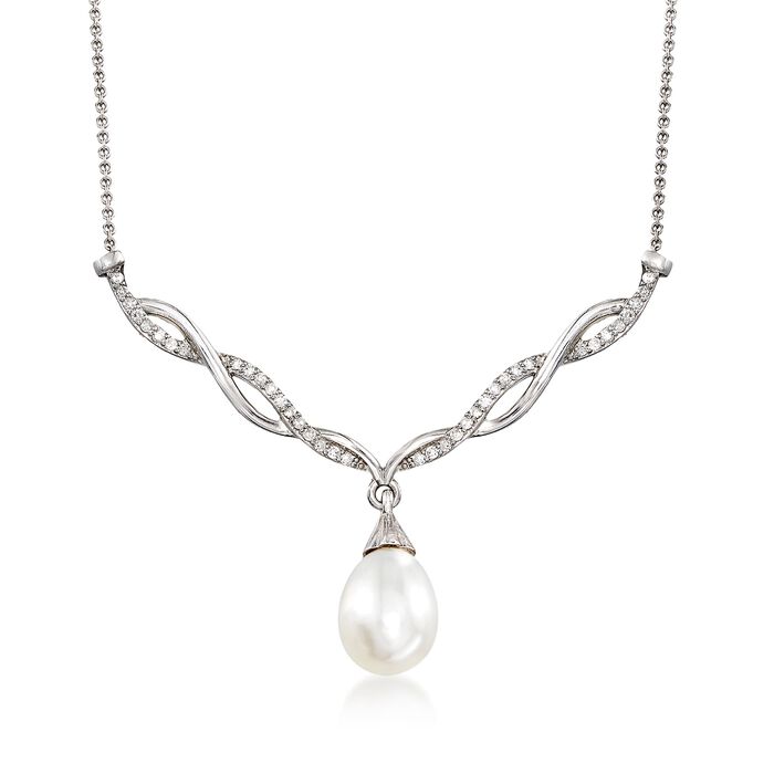 8-9mm Cultured Pearl and .19 ct. t.w. Diamond Twist Necklace in Sterling