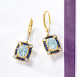 2.40 ct. t.w. Aquamarine and 1.50 ct. t.w. Sapphire Drop Earrings with .11 ct. t.w. Diamonds in 14kt Yellow Gold