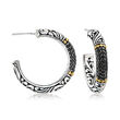 1.50 ct. t.w. Black Spinel Bali-Style C-Hoop Earrings in Sterling Silver with 18kt Yellow Gold