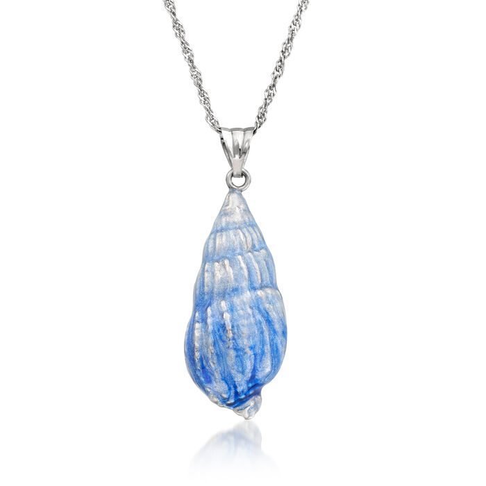 Italian Blue Enamel Glitter Seashell Pendant Necklace in Sterling Silver
