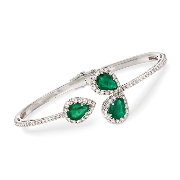 3.00 ct. t.w. Emerald and 1.78 ct. t.w. Diamond Hinged Cuff Bracelet in 18kt White Gold