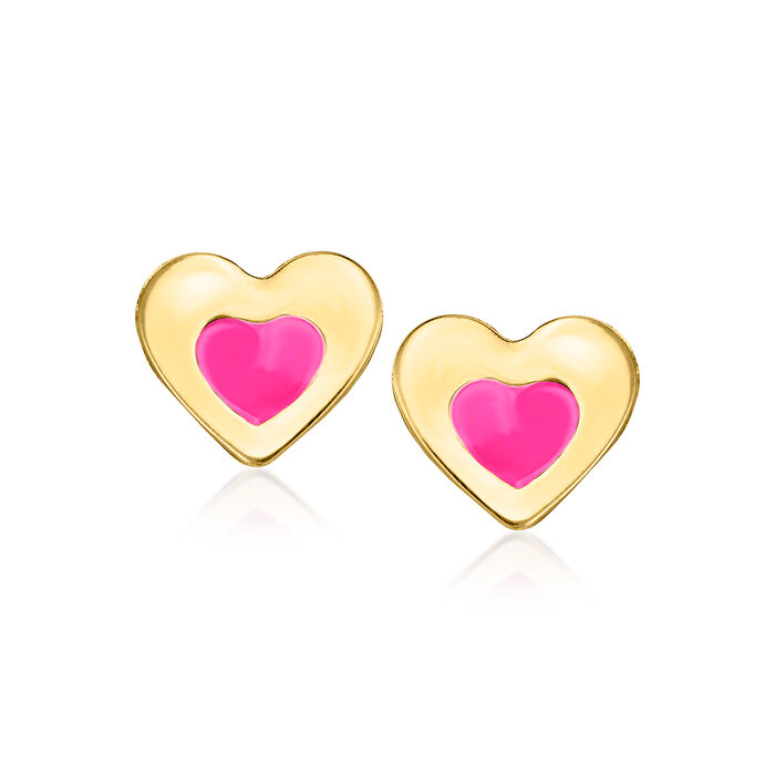 Pink Enamel Heart Stud Earrings in 14kt Yellow Gold