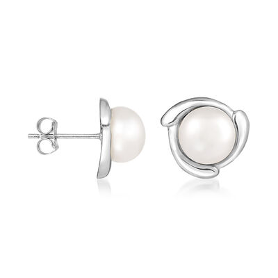 7-7.5mm Cultured Pearl Curvy Frame Earrings in 14kt White Gold