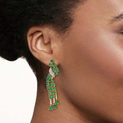 11.90 ct. t.w. Emerald and .70 ct. t.w. White Zircon Drop Earrings in 18kt Gold Over Sterling