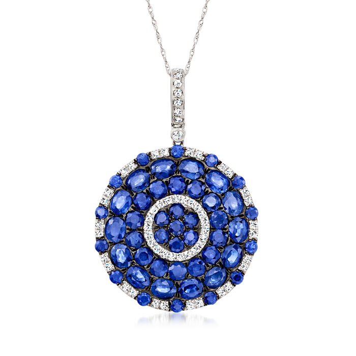 C. 1990 Vintage 6.46 ct. t.w. Sapphire and .45 ct. t.w. Diamond Disc Pendant Necklace in 18kt White Gold